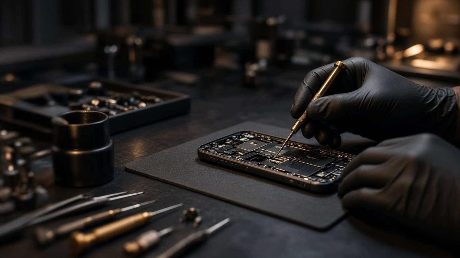 Technicus repareert de binnenkant van een smartphone met precisiegereedschap